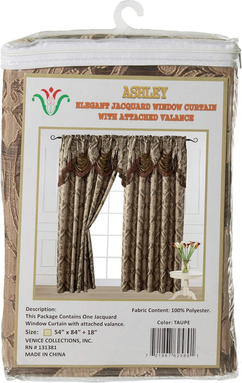 V Luxury Jacquard Curtain Panel with Attached Waterfall Valance, 54 by 84-Inch Ashley Taupe...