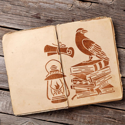 Crow Book Stencils Raven Stencil Feather Pen Magnifying Glass Kerosene Lamp Candle Pattern 11.8×11.8inch with Paint Brush for Wood Furniture Wall ...