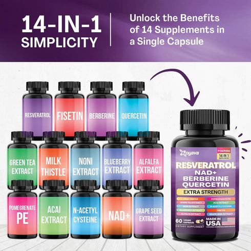 Resveratrol Supplement 12600mg NAD+ 100mg Milk Thistle 900mg Berberine 4000mg Fisetin 500mg Quercetin 800mg NAC 100mg Grape Seed Extract 400mg Gre...