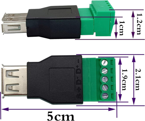 USB 2.0 A Screw Terminal Block Adapter USB 2.0 A Female to 5 Pin/Way Female Bolt Screw Shield terminals Pluggable Type Adapter Connector for Charg...