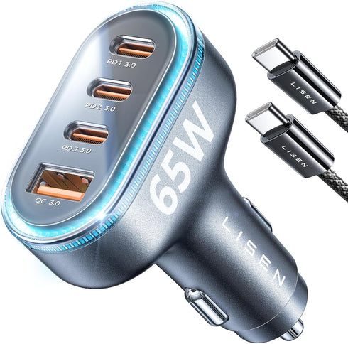 LISEN USB C Car Charger 65W+36W 4 Port Fast Charging Car Charger Adapter PD3.0 & QC3.0 Cigarette Lighter Car USB Charger Multi Port with Cable,Com...