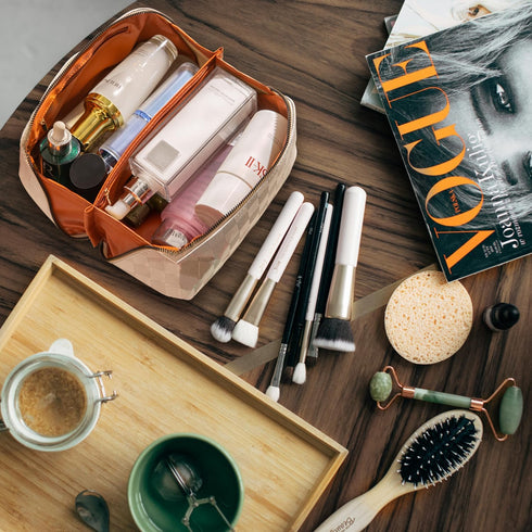 Large Capacity Makeup Bag, Travel Cosmetic Bag, PU Leather Makeup Pouches for Women, Waterproof Portable Large Wide-open Pouch with Divider and Ha...