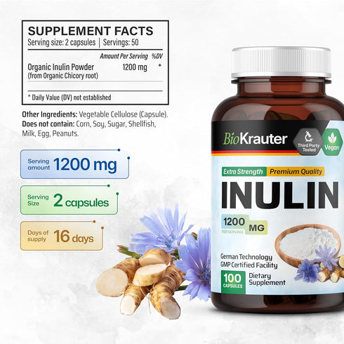 BIO KRAUTER Inulin Powder Capsules - Inulin Prebiotic Fiber 1200 mg Strength - 100 Count - Pure Soluble Fiber Supplements - Chicory Root Fiber Cap...