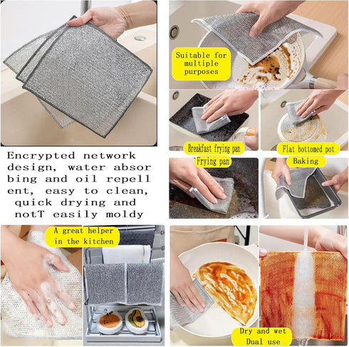 Double layer metal wire scratch free cloth, dry and wet dual-purpose metal wire dishwashing cloth, suitable for kitchen cleaning, cookware, tablew...