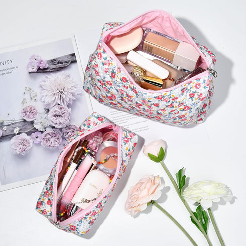 2 Pcs Quilted Makeup Bag Floral Cosmetic Bag Cotton Large Travel Coquette Toiletry Puffer Bag Aesthetic Cute Glossier Makeup Bag for Women Girls...