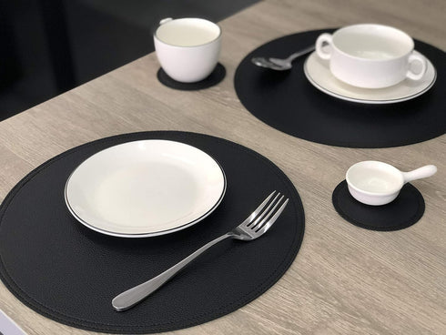 Faux Leather Round Placemats and Coasters, Disko Table Mats and Drink Spills Coasters, Easy to Clean, Double Stitched for Kitchen Dining Table, Di...