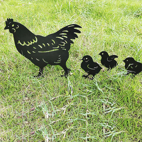 4Pcs Metal Chicken Garden Stakes, Decorative Hen and Chicks Yard Stakes, Metal Animal Yard Decor, Chicken Art Silhouette Statue for Lawn Patio Gaz...