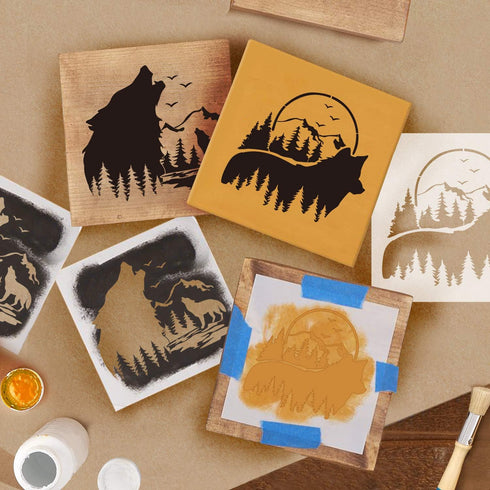 GSS Designs Mountain Forest Wolf Stencils (2 Pack) - Reusable Woodland Animal Stencil (12x12Inch) for Painting on Wood Wall Garden Flag Fabric Can...