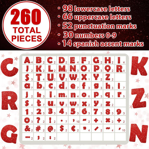 260Pcs Glitter Red Bulletin Board Letters for Classroom 4” Letter Combo Pack Set Numbers Alphabet Poster Board with Adhesive Dots Punctuation Symb...