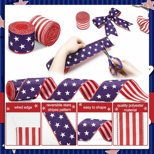 XunYee 3 Rolls Patriotic Ribbons American Flag Double Sided Star Striped Wired Ribbon Red Blue White Ribbons for Memorial Day 4th of July Independ...