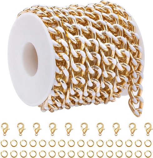 KUYUNHOO 9.8 Feet White Oil Drip Cuban Chain Link Gold Plated Aluminum Chains for Jewelry Making Enamel Jewelry Chains on Bulk with Jewelry Clasps...