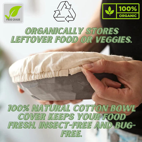 4 - Pack Linen Bowl Cover Reusable 100% Cotton ~ Elastic Stretch Machine Washable Organic Bowl Cover Lids for Food, Fruits, Leftover (Fits upto 5....
