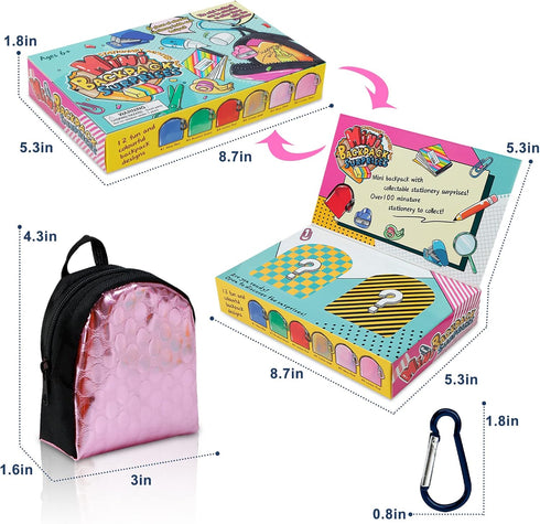 Euclidean Cube 2 Pieces Mini Doll Backpack Toys with 12 Stationery Surprises Inside, Collectible Mini Backpack for Doll with Carabiner, Doll Schoo...