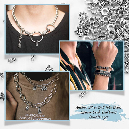 JIALEEY 125 Piece Mixed Antique Tibetan Silver Bail Tube Beads, Bail beads, Spacer Bead, Bead Hanger Fit Charm European Bracelet Pendant Jewelry M...