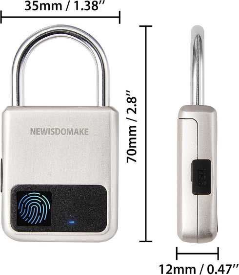 Fingerprint Padlock, Smart Padlock with USB Charging Support, Fingerprint Lock, Biometric Lock Suitable for Luggage, Bookcase, Suitcase, Backpack,...