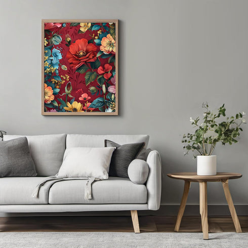 Posterizer 1 pcs-blue and blush flowers with red background-Floral & Botanical Art-Abstract & Modern Art-Decor for Home & Office- UNFRAMED Wall Ar...