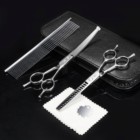 Dog Grooming Scissors with Safety Rounded Tips, Professional 4 in 1 Pet Grooming Scissors Kit with Curved Dog Scissors for Grooming, Chunker Shear...