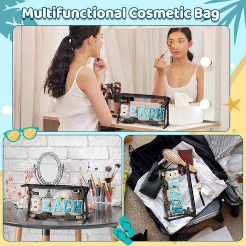 Preppy Patch Cosmetic Bag - Summer Beach Chenille Varsity Letter Clear Toiletry Bag Aesthetic Waterproof Portable Makeup Bag Clutch Purse Travel B...