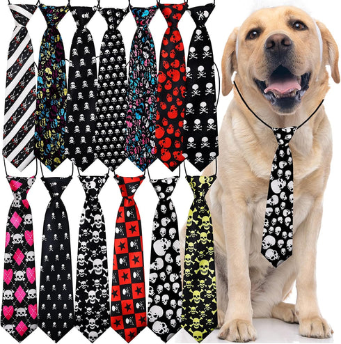 10pcs Skull Large Dog Neck Ties, Festival Dog Ties for Medium Large Dogs, Bulk Handmade Large Dog Collar Grooming Ties, Holiday Skull Pattern Dog ...