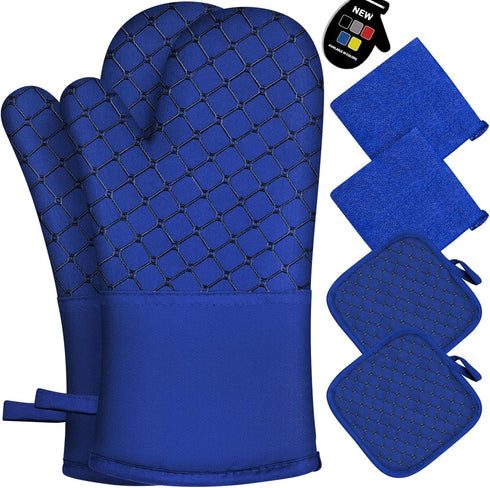 6 Pcs Oven Mitts and Pot Holders, 500? Heat Resistant Oven Mitts with Kitchen Towels Soft Cotton Lining and Non-Slip Silicone Surface Safe for Bak...