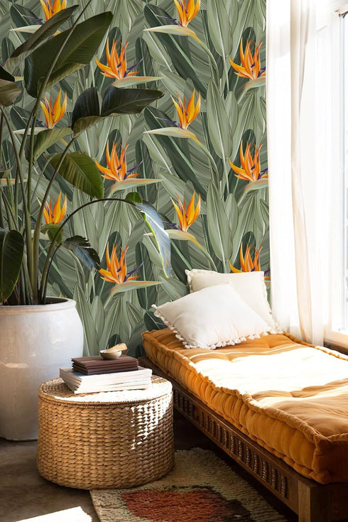 HAOKHOME 93375 Peel and Stick Wallpaper Tropical Florals Removable Stick on Contact Paper for Bedroom Green/Orange 17.7in x 9.8ft...