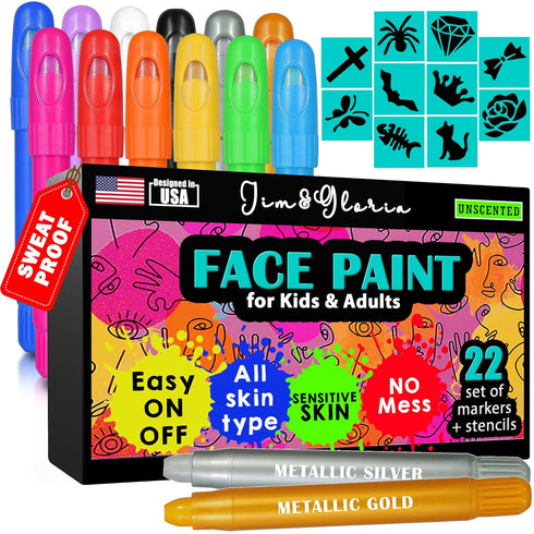 Jim&Gloria Water Based Face Paint Kit with Stencils, 12 Large Professional Face Painting Kit for Kids Party Facepaint Halloween Makeup Washable Bo...