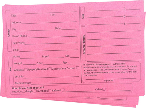 Pink Dog Grooming Client Cards 4X6 (100 Pack, 4 X 6 Inches) Client Information Clip Cards for Pet Groomer, Kennels, and Veterinarians...