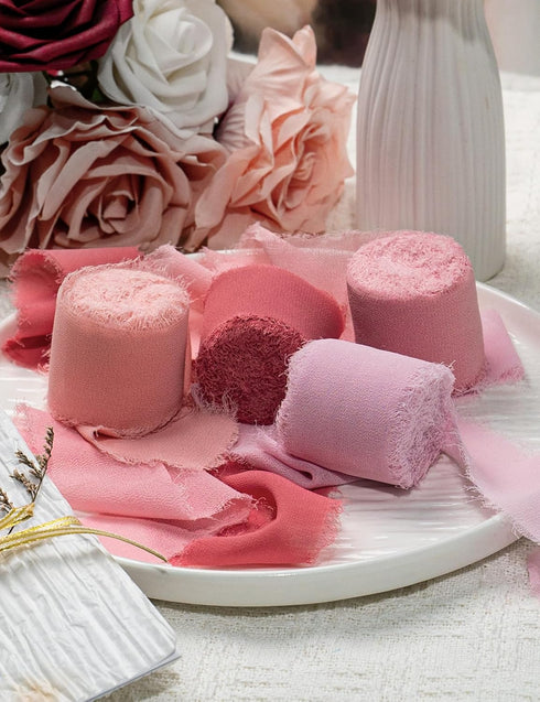 Chiffon Ribbon, Pink Party Decoration, Handmade Frayed Fringe Sheer Silk Ribbons for Gift Wrapping, Floral Vase Decoration, Graduation, Birthday, ...