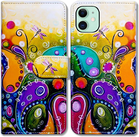 Case for iPhone 12 Mini, Colorful Dragonfly Leather Flip Phone Case Wallet Cover with Card Slot Holder Kickstand for iPhone 12 Mini...