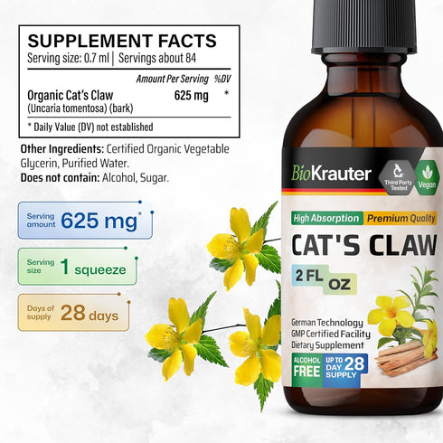 Cats Claw Herbal Supplement - Organic Cats Claw Tincture - Liquid Extract for Immune Support - Alcohol & Sugar Free - Vegan Drops 2 Fl.Oz....