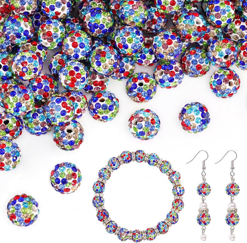 100pcs 10mm Rhinestone Beads for Crafting, White Mixed Shiny Round Shamballa Disco Beads Bulk, Sparkle Crystal Clay Bead for Necklace Bracelet Ear...