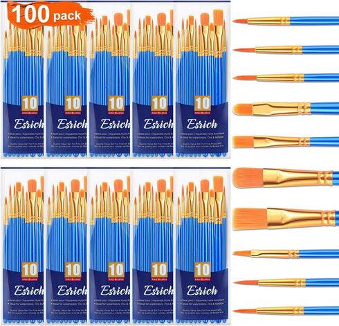 ESRICH Acrylic Paint Brushes Set, 10 Packs/ 100 Pcs Watercolor Brushes,Nylon Brush Head, for Oil Painting, Gouache, Face,Ceramics etc, Kid's and A...