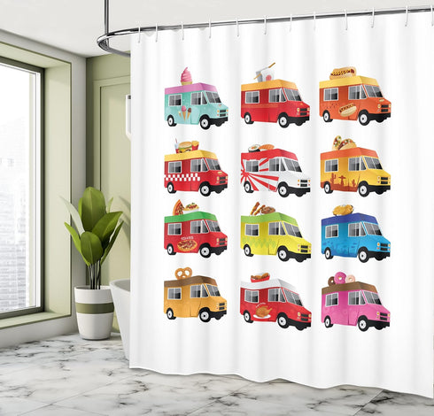 Ambesonne Truck Shower Curtain, Ice Cream Doughnut Burgers Pizza Sushi Hotdog Colorful Food Truck Illustration, Cloth Fabric Bathroom Decor Set wi...