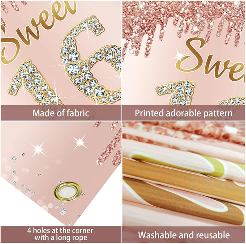 Sweet 16th Birthday Banner Backdrop Decorations for Girls, Rose Gold 16 Birthday Party Sign Supplies, Pink 16 Years Old Birthday Poster Background...