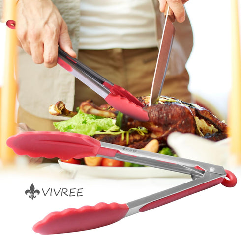 MEKBOK Kitchen Tongs Set - Salad & Grill Stainless Steel Serving Tongs with Silicone Tips - 9"&12" (Red)...