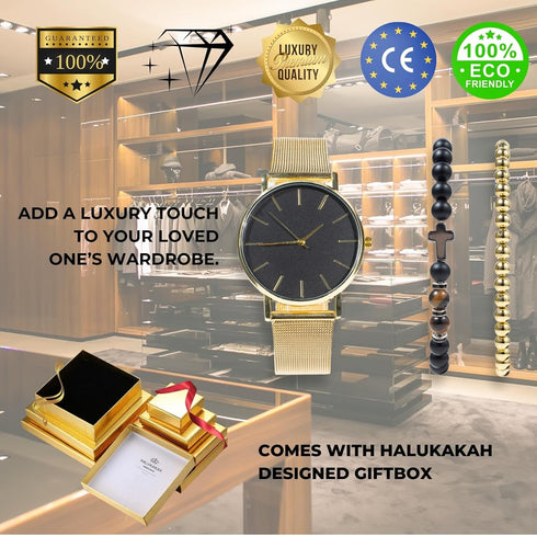 Halukakah Minimalist Stainless Steel Men's Watch - 24k Real Gold Plated/Platinum Plated Silver/Rhodium Plated Black Watch Band,Black Dial.Comes wi...
