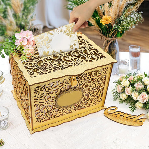 OurWarm Glittery Gold Wedding Card Box with Lock, Wood Gift Card Box for Wedding Reception, Envelope Box for Party Graduation Birthday Baby Shower...