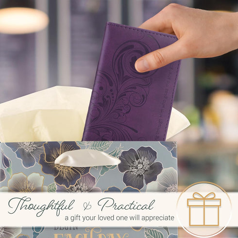 Christian Art Gifts Purple Faux Leather Checkbook Cover for Women - I Can Do Everything Through Him - Bi-fold Checkbook Cover for Duplicate Checks...
