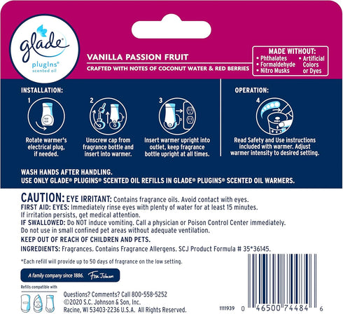 Glade PlugIns Refills Air Freshener, Scented and Essential Oils for Home and Bathroom, Vanilla Passion Fruit, 2.01 Fl Oz, 3 Count...