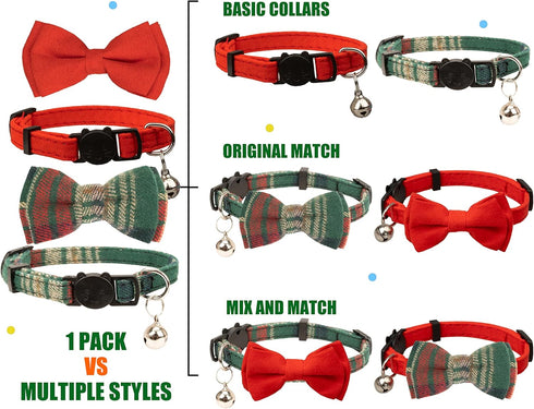 Collar for Cats Pets Breakaway with Bell Bowtie Floral Bow Detachable Adjustable Safety Puppy 2pcs Christmas-A...
