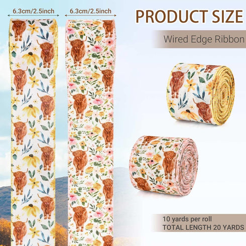 2 Rolls 20 Yards Boho Floral Highland Cow Wired Edge Ribbon Animal Flowers Printed Fabric Ribbon for Gift Wrapping Wreaths Making Craft Supplies, ...