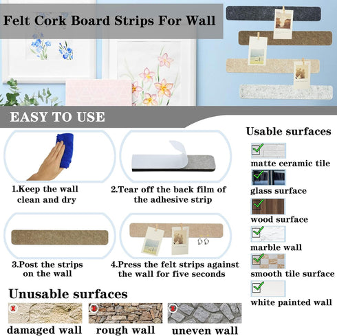 8Pcs Bulletin Board Strips,Black Brown Gray Felt Pin Board Bar Strips with 50 Pushpins, Self-Adhesive Felt Cork Board Strips for Wall to Display Y...