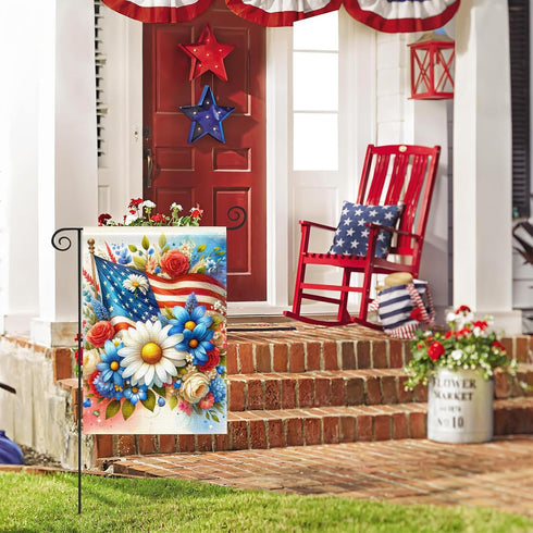 Patriotic Floral Garden Flag Double Sided, Red White and Blue Burlap Yard Flag, Small 4th of July Outdoor Decor 12.5x18"...