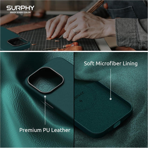 SURPHY Designed for iPhone 15 Pro Leather Case with Screen Protector Compatible with MagSafe, Faux Leather Case (Metallic Buttons & Microfiber Lin...