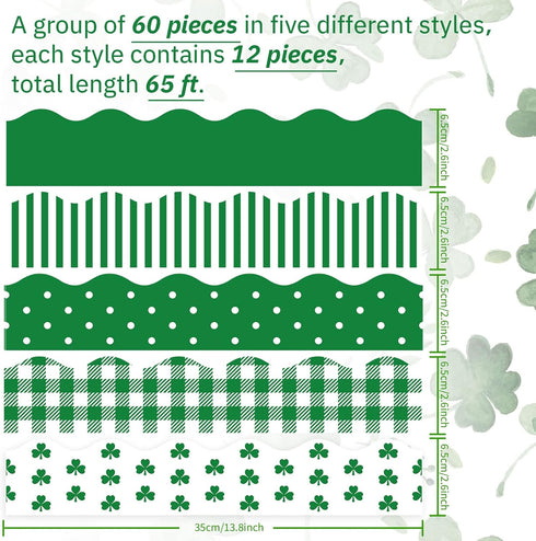 65 Feet St. Patrick's Day Bulletin Board Borders Clover Spot Stripe Plaid Rolled Border Scalloped Border 5 Styles 60 Pieces Bulletin Board Sticker...