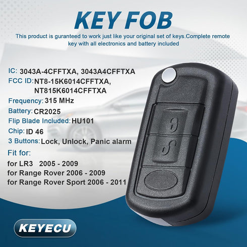 Replacement Flip Remote Car Key Fob 315MHz PCF7941 for LR3 Range Rover Sport 2005-2011 FCC ID:NT8-15K6014CFFTXA...
