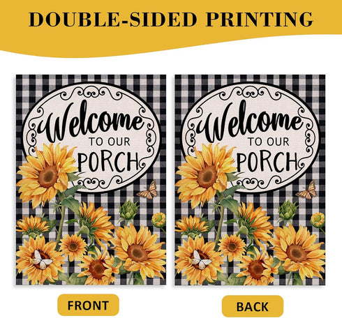 Home Decorative Welcome to Our Porch Spring Summer Sunflower House Flag, Black White Buffalo Plaid Check Yard Outside Decoration, Fall Autumn Farm...