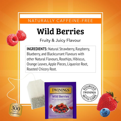 Twinings Wild Berries Herbal Tea Individually Wrapped Bags, 20 Count (Pack of 1), Full-Flavoured, Naturally Caffeine-Free, Enjoy Hot or Iced, 20 T...