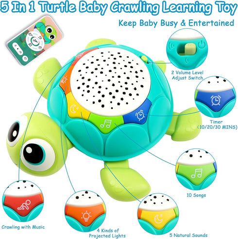 Baby Toys 6-12 Months, 5 in 1 Musical Projector Turtle Crawling Toys Tummy Time Infant Baby Toys 0-3 3-6 7 8 9 12-18 Months 1 Year Old Boy Toys Gi...