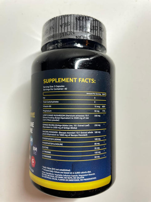 Organic Lions Mane Supplement Capsules - 120 Real Mushrooms Lion's Mane Capsules with Ginkgo Biloba Herb, Bacopa Monnieri - Nootropics Brain Suppo...